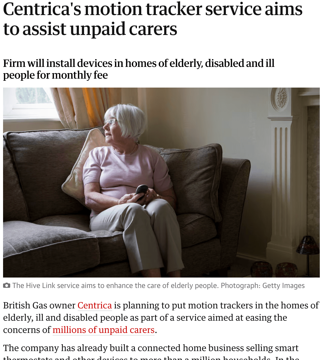 The Guardian — Centrica's motion tracker service aims to assist unpaid carers